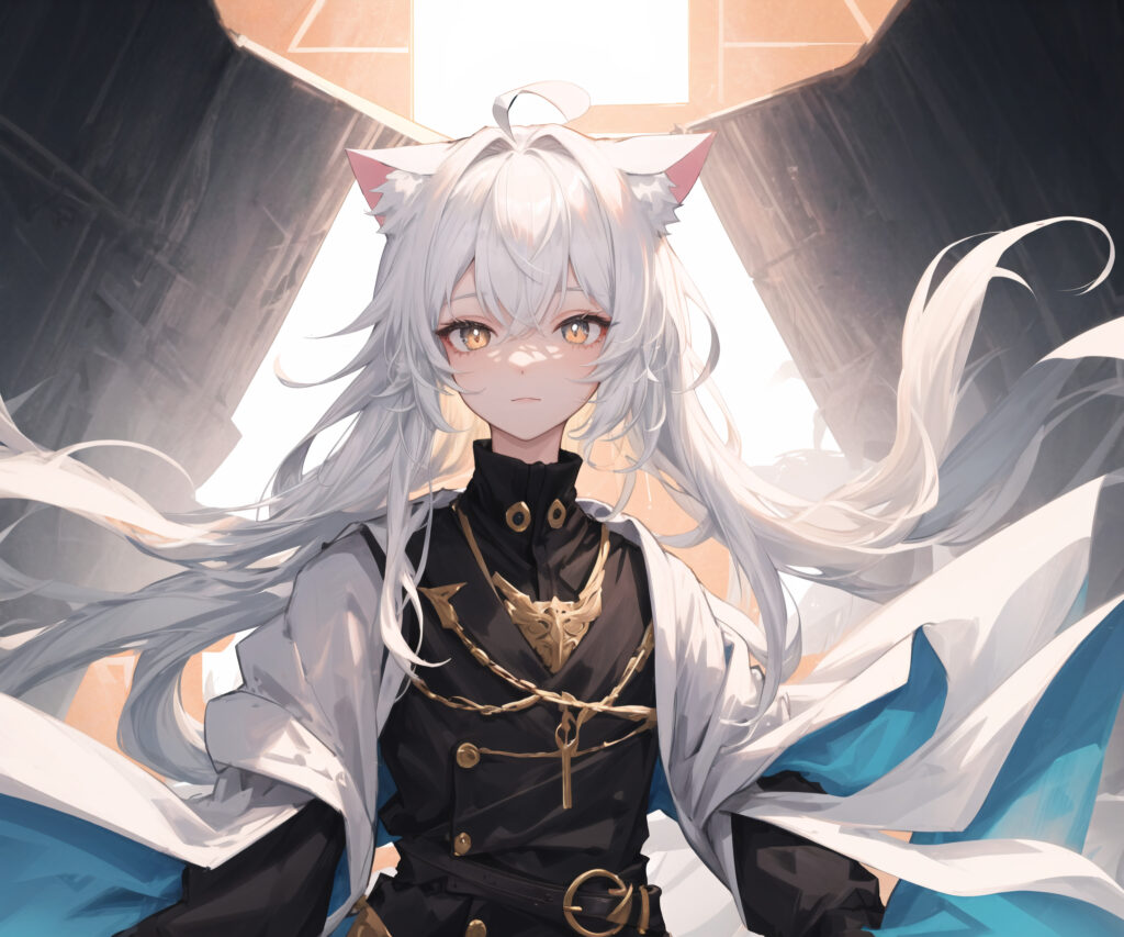 Anime Wallpaper: Cat-Eared Girl with White Hair in Dramatic Background