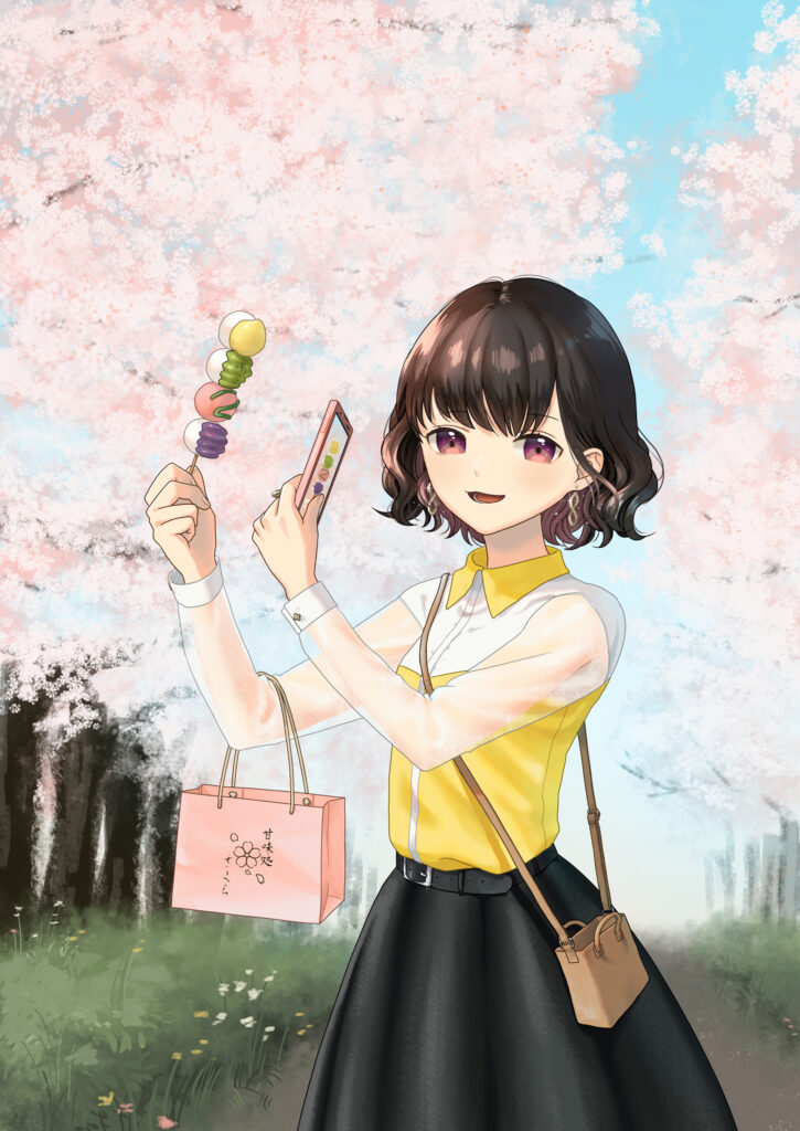 Anime Girl with Dessert Under Sakura Blossoms - Spring Wallpaper