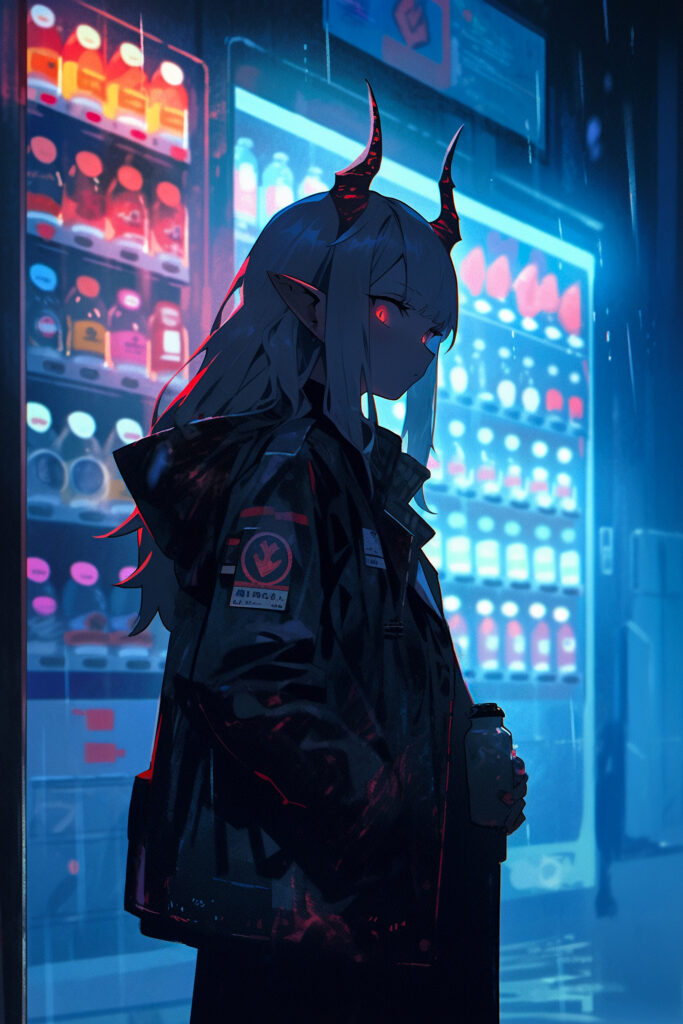 Mysterious Anime Girl with Demon Horns by Neon Vending Machine Wallpaper
