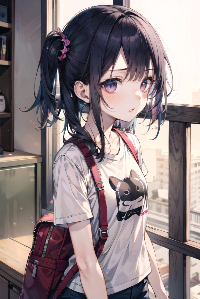 Urban Anime Wallpaper: Girl with Ponytails by Window in Soft Lighting