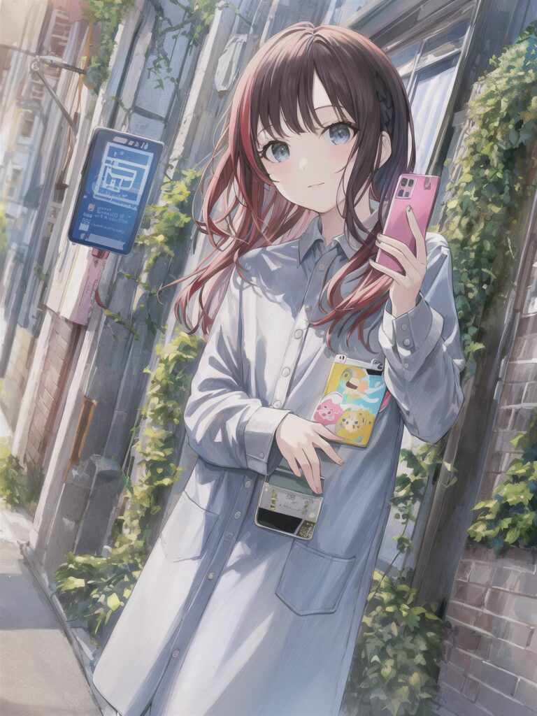 Serene Anime Wallpaper: Girl with Smartphone in Urban Ivy Scene