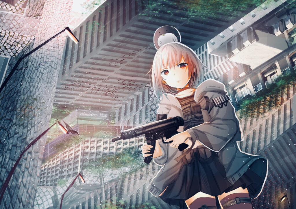 Anime Wallpaper: Girl with Submachine Gun in Urban Landscape