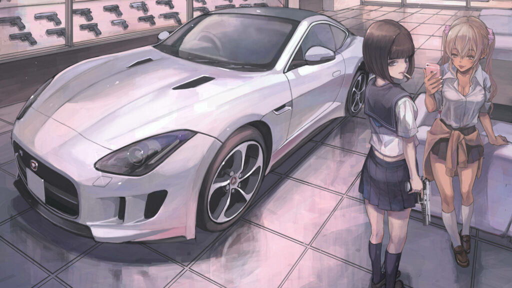 Anime Wallpaper: Girls with Sports Car & Firearms in Showroom