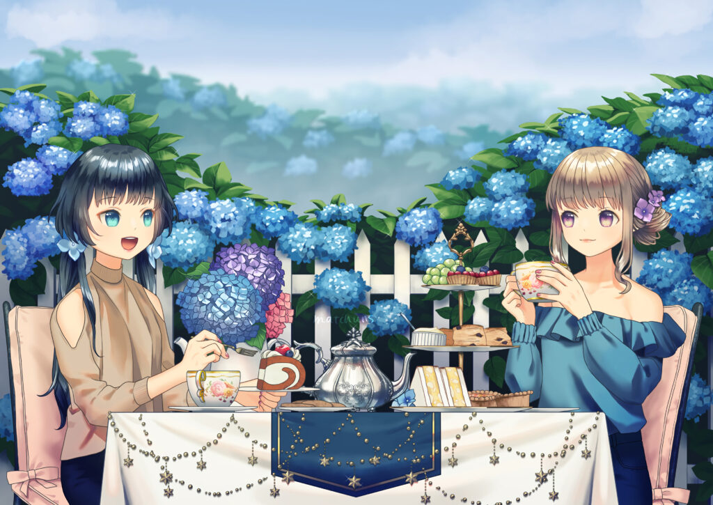 Charming Anime Tea Party Wallpaper in a Lush Garden Setting