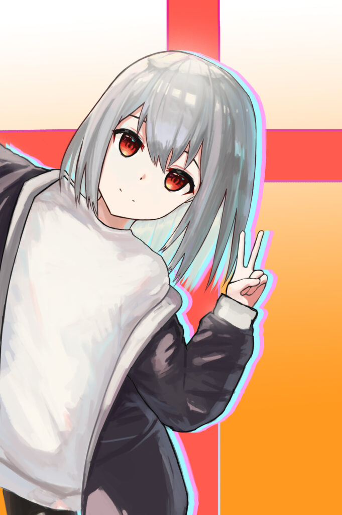 Anime Girl Wallpaper: Grey Hair, Red Eyes, Peace Sign & Gradient Background