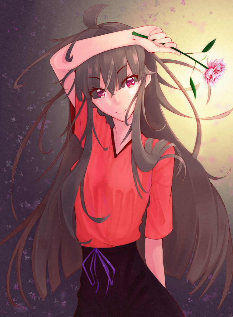 Anime Girl with Flowing Dark Hair & Flower - Artistic Wallpaper
