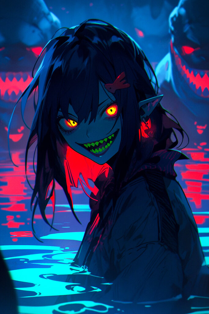 “Eerie Anime Wallpaper: Mysterious Girl in Swamp with Demonic Features”