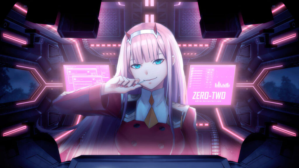 Anime Aesthetic Wallpaper of Zero Two in Futuristic Cockpit