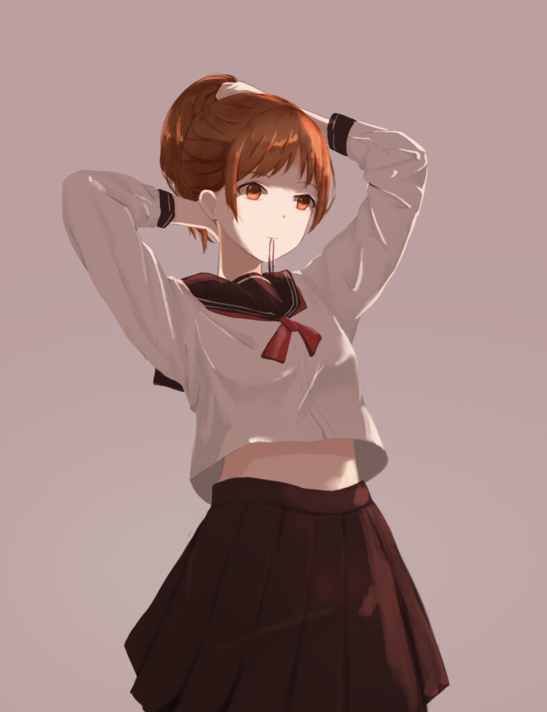 Charming Anime Wallpaper: School Girl with Snack Stick and Red Bow