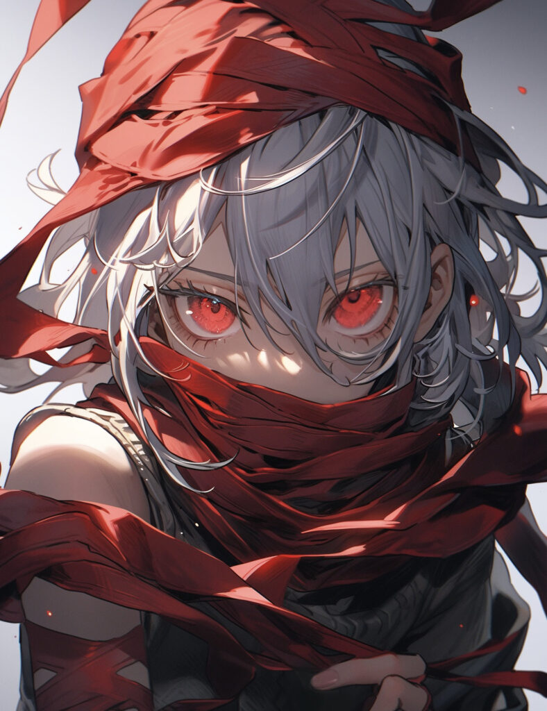Anime Wallpaper: Silver-Haired Girl with Vivid Red Eyes & Ribbons