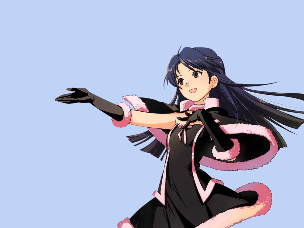Anime Girl with Long Brunette Hair in Stylish Outfit on Blue Wallpaper