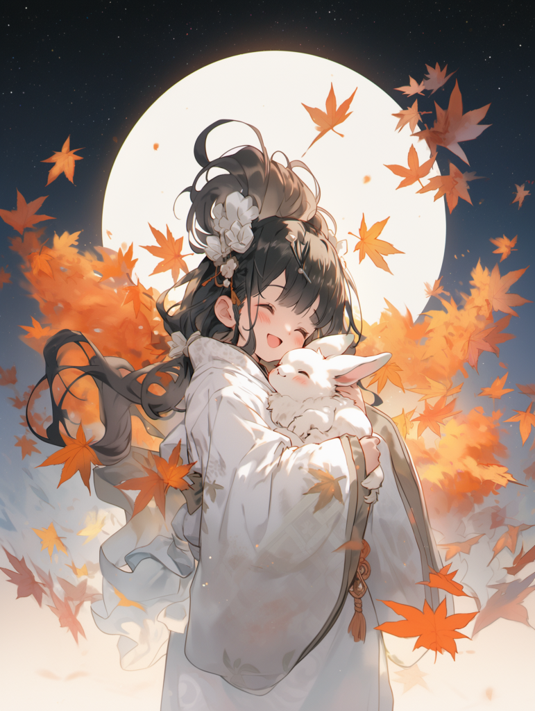 Serene Anime Wallpaper: Smiling Girl in Kimono with Rabbit & Autumn Leaves