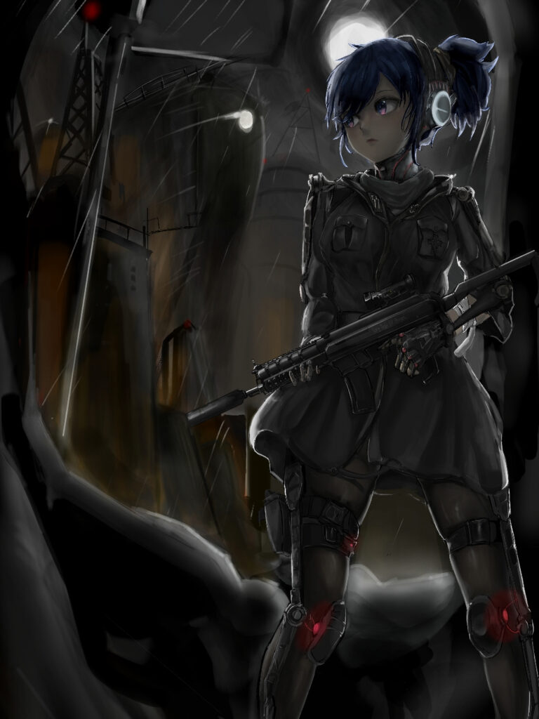 Anime Soldier Girl Wallpaper: Tactical Gear in Dark Industrial Setting