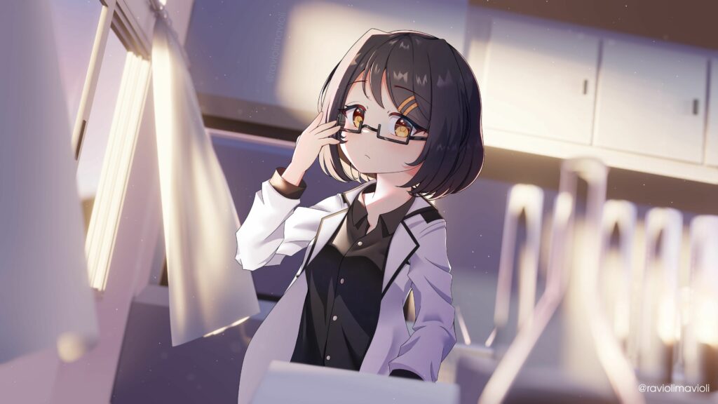 Anime Scientist Girl Wallpaper: Thoughtful in a Modern Lab