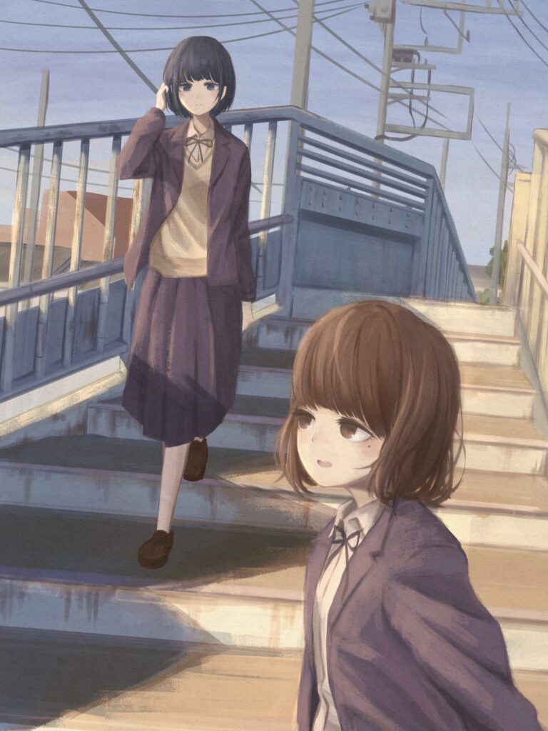 Anime Wallpaper: Two Girls in School Uniforms on a Serene Staircase