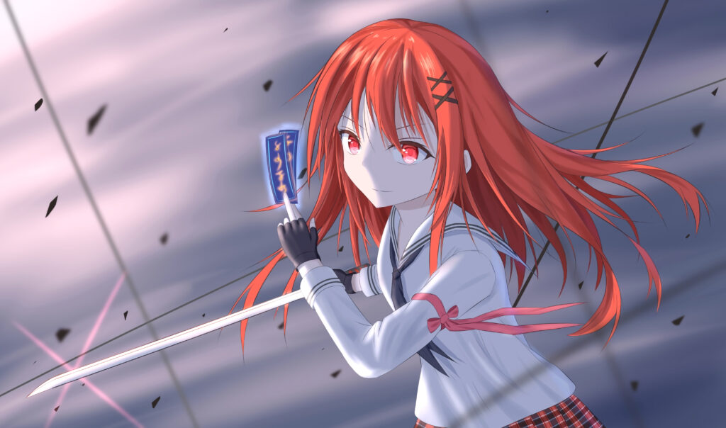 Dynamic Anime Wallpaper: Red-Haired Girl with Sword & Card Action