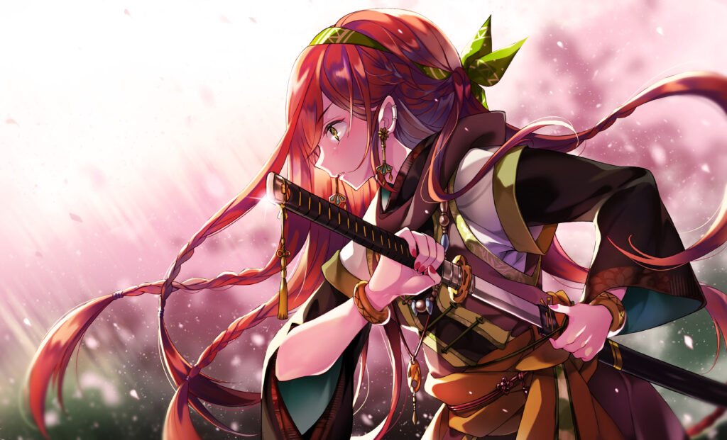 Anime Warrior Girl with Sword: Dynamic and Colorful Wallpaper