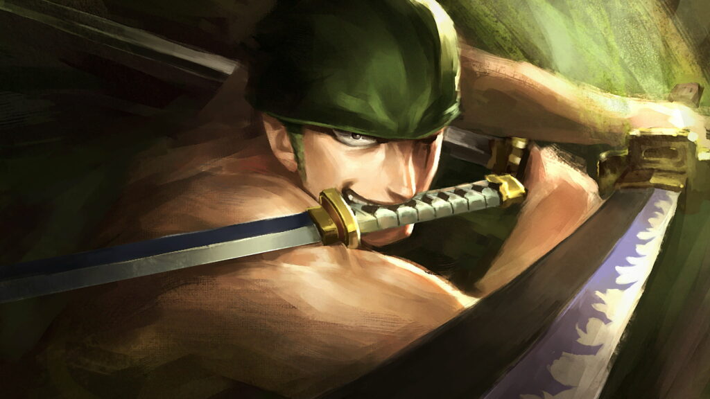 Zoro's Mighty Quest: An Anime Warrior with Green Hair Wields a Deadly Sword Wallpaper