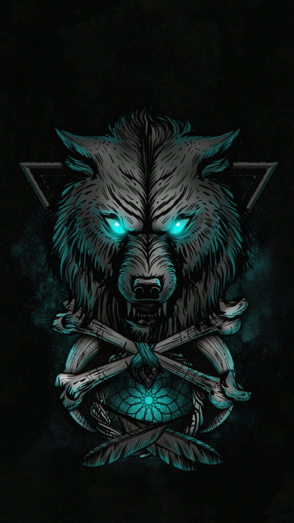 Striking Neon Blue-Eyed Anime Wolf Wallpaper with Edgy Background