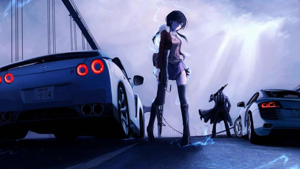 Anime woman with rifle between white Nissan GT-R and Audi R8 on bridge with gas mask figure Wallpaper