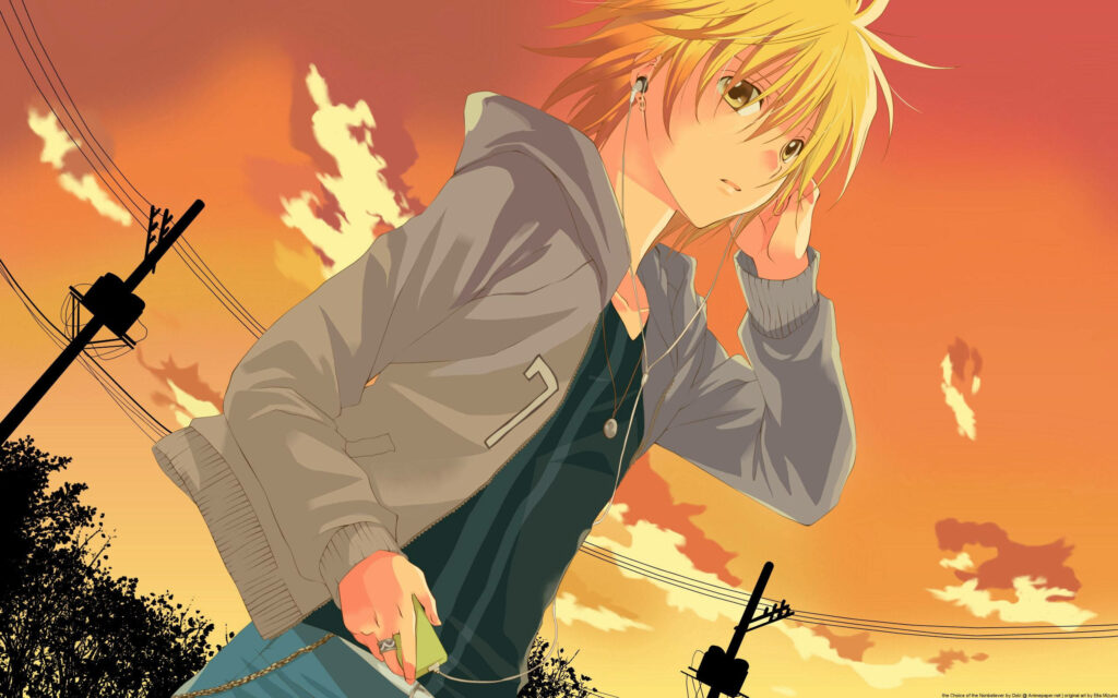 Anime blonde boy in sunset scene, school uniform, contemplative mood under nostalgic sky Wallpaper