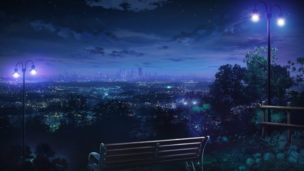 Anime-inspired HD wallpaper featuring a serene night cityscape with a brown wooden bench, lantern, and dazzling city lights