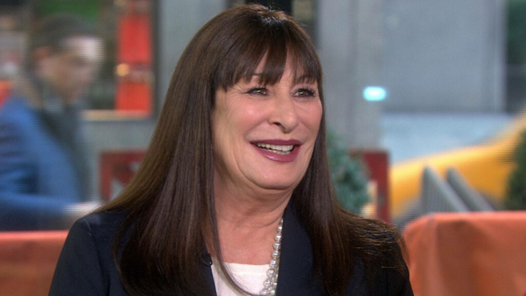 Anjelica Huston smiling warmly during a lively Today show news interview in professional studio Wallpaper