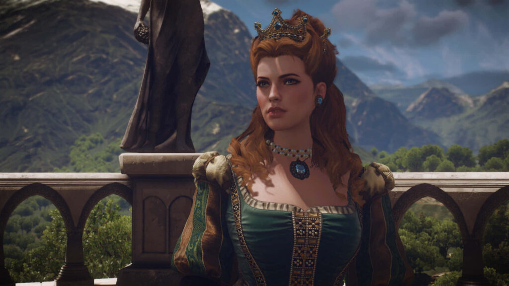 Anna Henrietta stands on grand balcony with mountainous landscape royal elegance fantasy wallpaper