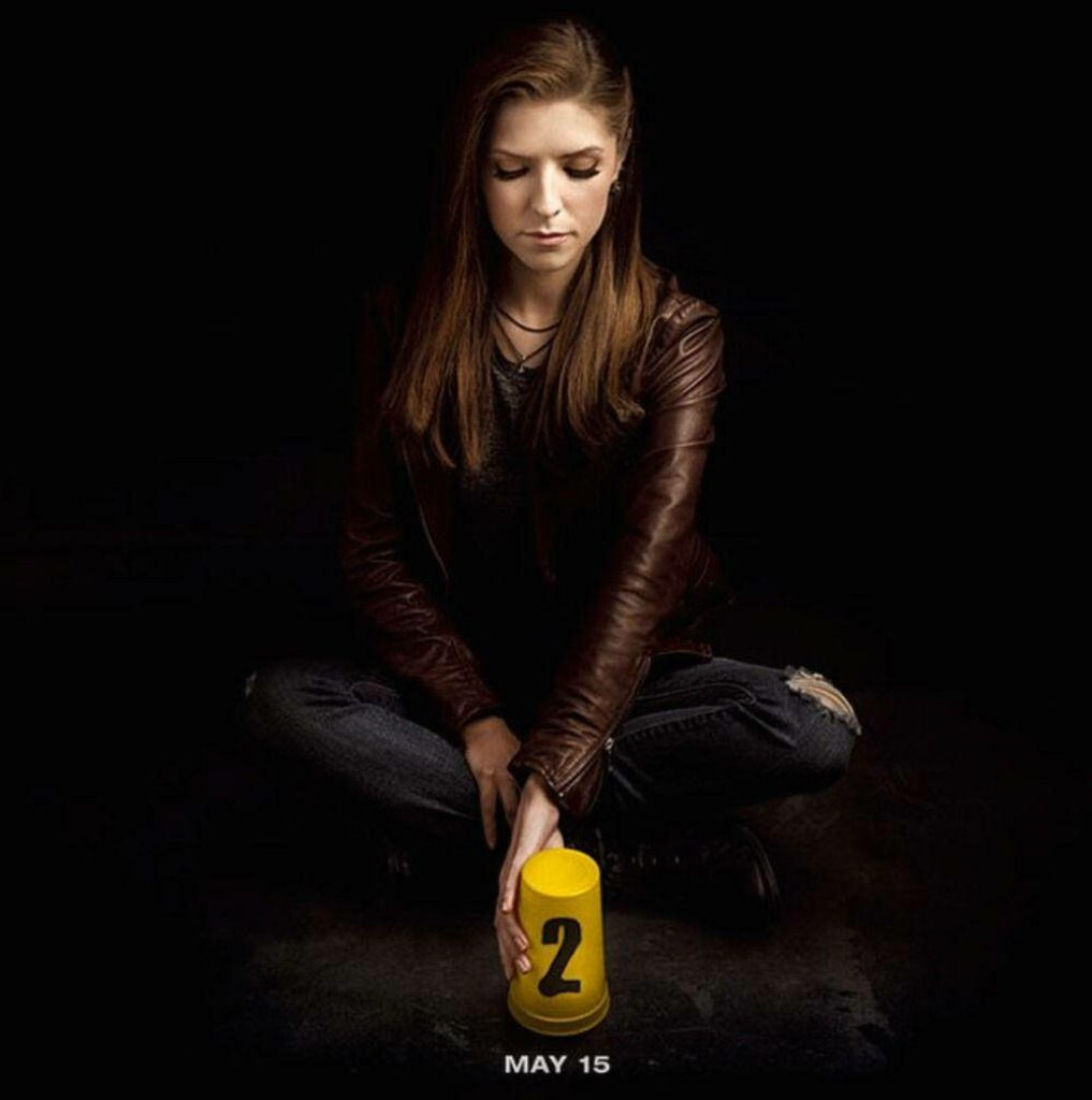 Anna Kendrick in dramatic pose with yellow cup number two Pitch Perfect poster on dark background Wallpaper