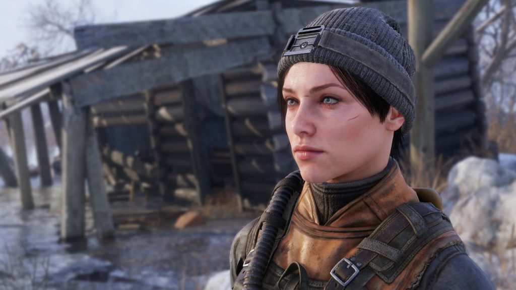 Anna from Metro Exodus in detailed 4K tactical gear against snowy post-apocalyptic wasteland background Wallpaper