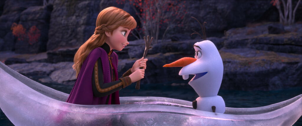 Frozen 2 wallpaper featuring Anna in purple cloak with Olaf in ice canoe detailed 3D CGI
