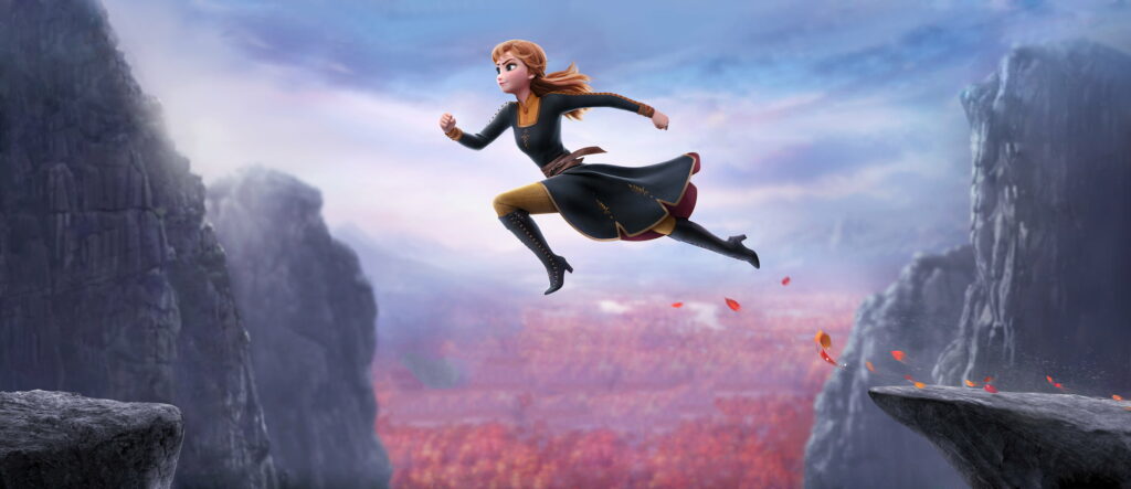 Anna from Frozen 2 leaping across canyon autumn landscape CGI wallpaper background