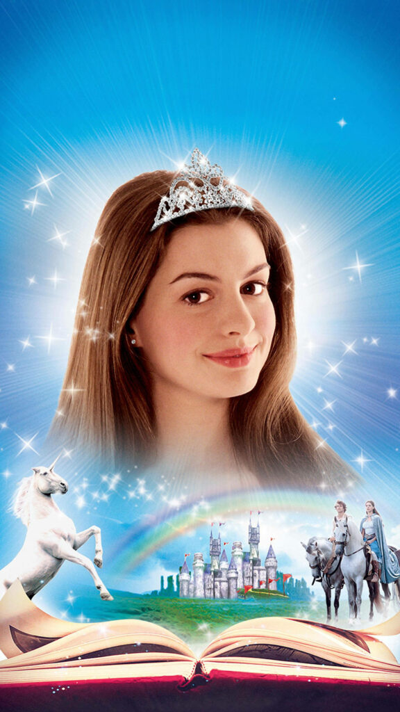 Anne Hathaway as Ella with sparkling tiara fairy tale castle white horse horseback riders blue background Wallpaper