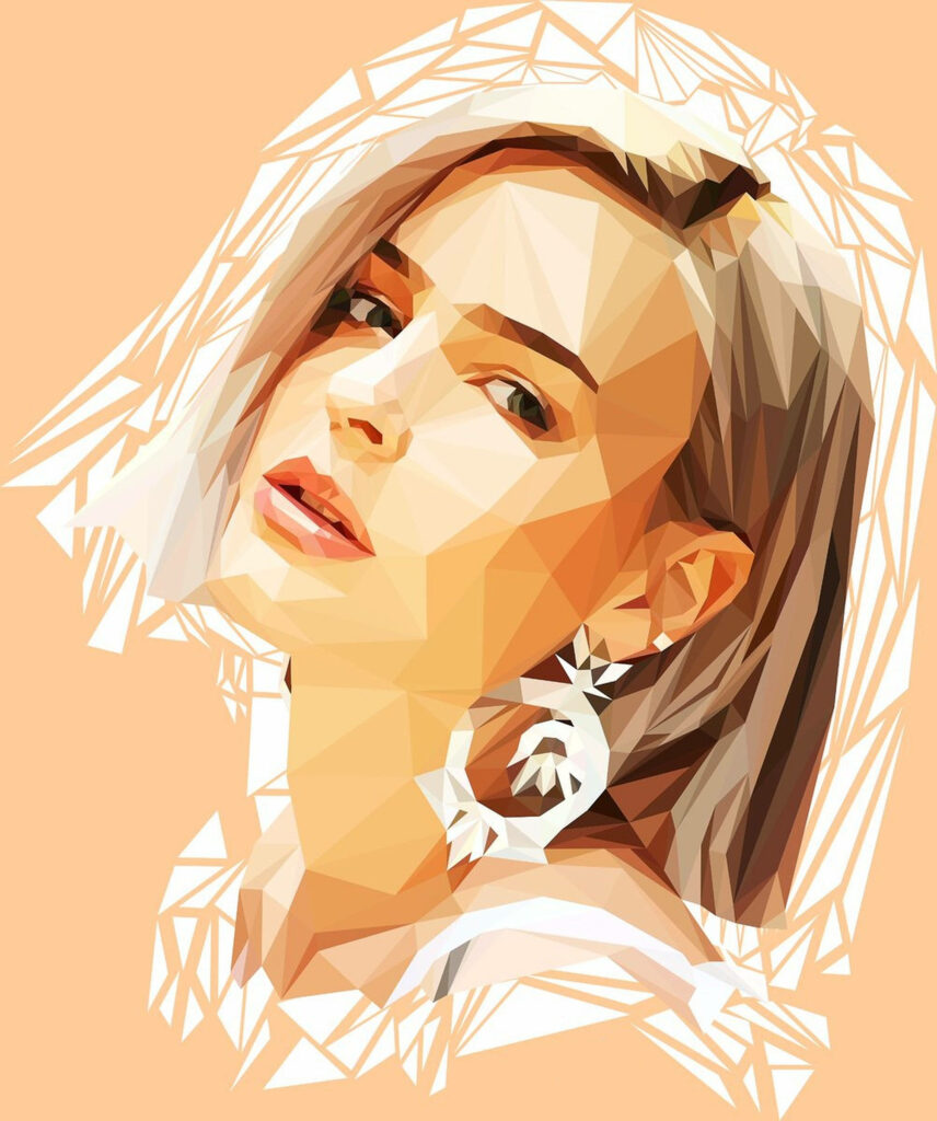 Polygon art wallpaper of Anne Marie with expressive gaze and pastel geometric background