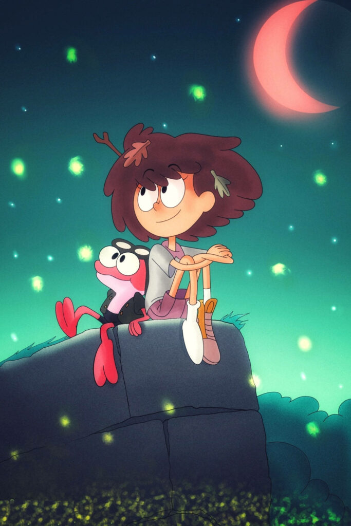 Anne and Sprig from Amphibia sitting on a rock under crescent moon surrounded by fireflies Wallpaper