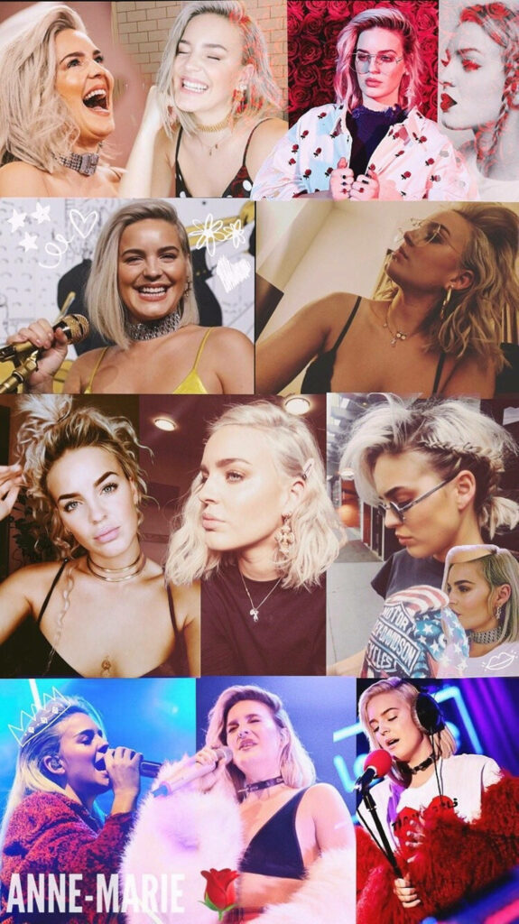 Anne-Marie collage wallpaper featuring candid shots bold fashion and iconic blonde style background