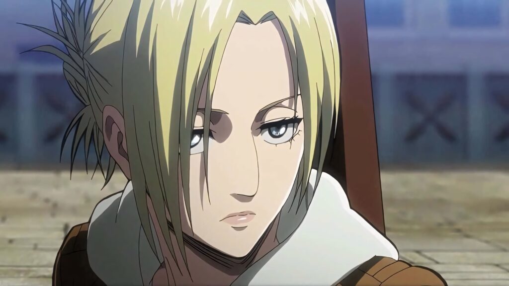 Annie Leonhart Attack on Titan wallpaper with intense calm warrior pose background artwork