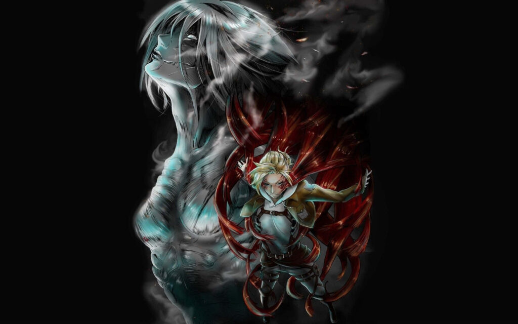 Annie Leonhart Attack on Titan wallpaper intense expression with powerful Titan form smoky background