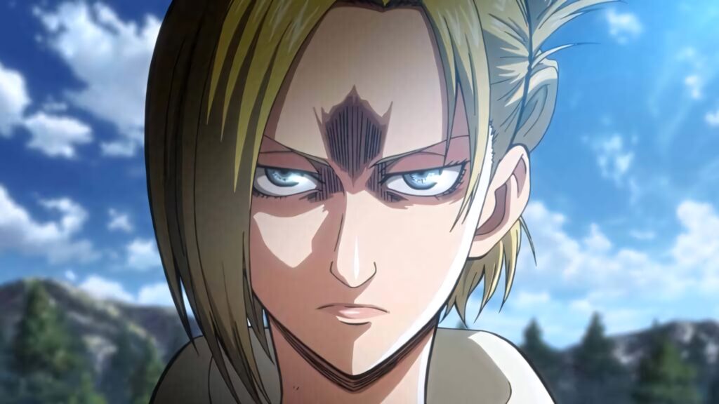 Annie Leonhart confident pose intense gaze stern expression clear sky wallpaper background