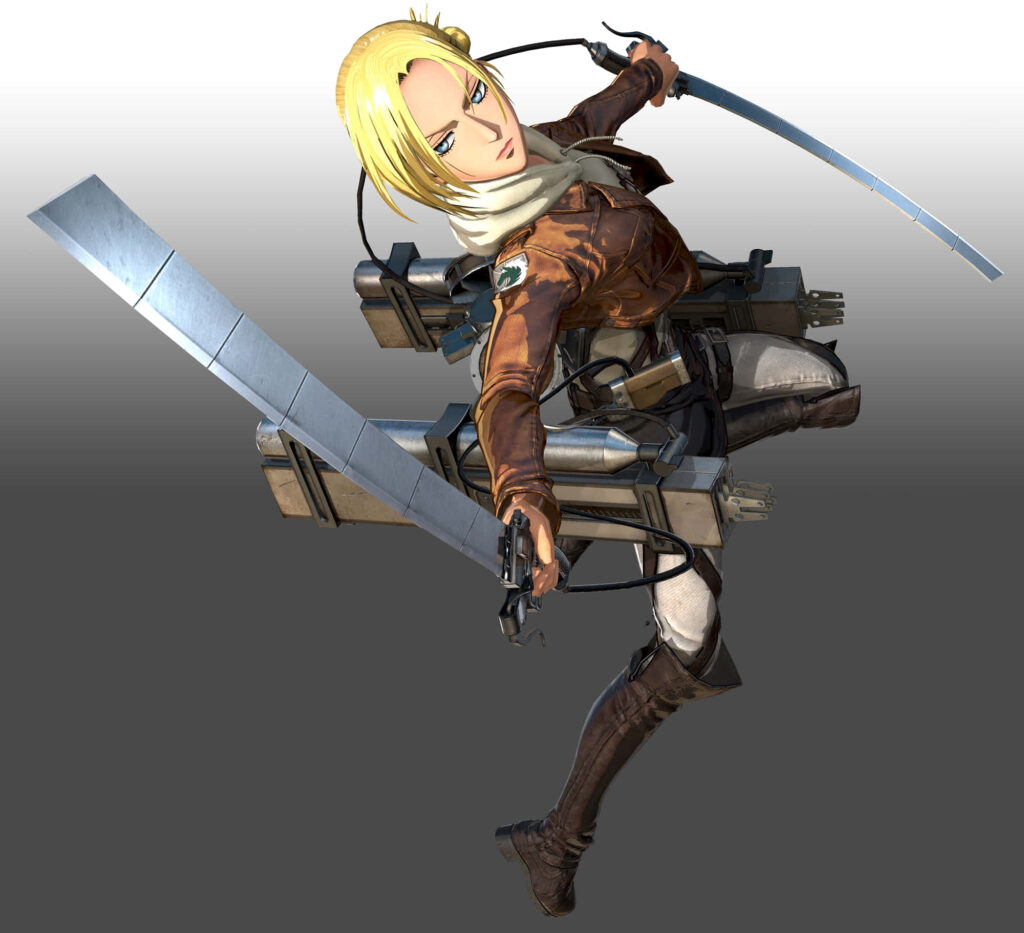 Annie Leonhart in action wearing military uniform and maneuver gear Attack On Titan wallpaper