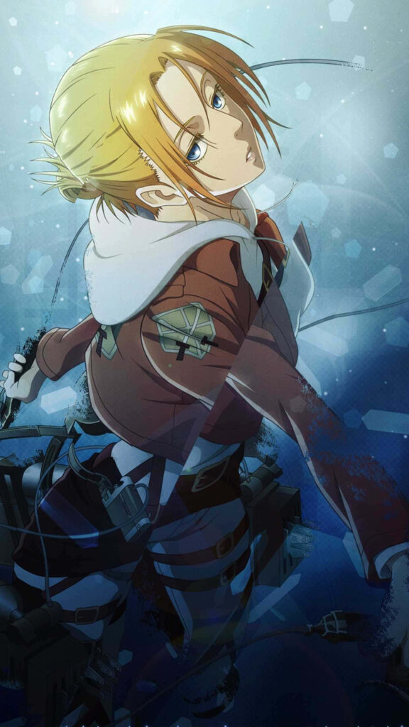 Annie Leonhart in Survey Corps uniform standing strong with dynamic blue background wallpaper