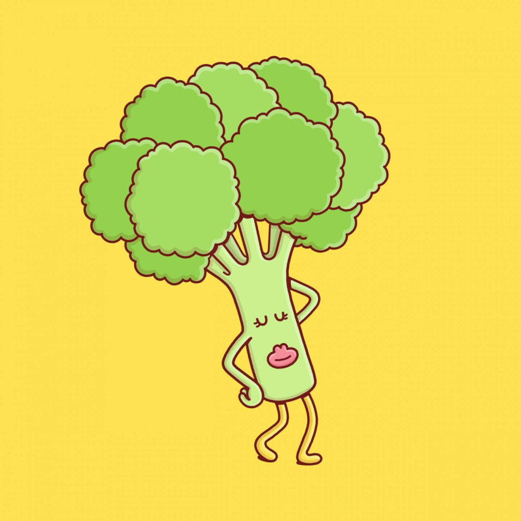 Quirky cartoon broccoli with annoyed face on bright yellow background fun food art wallpaper