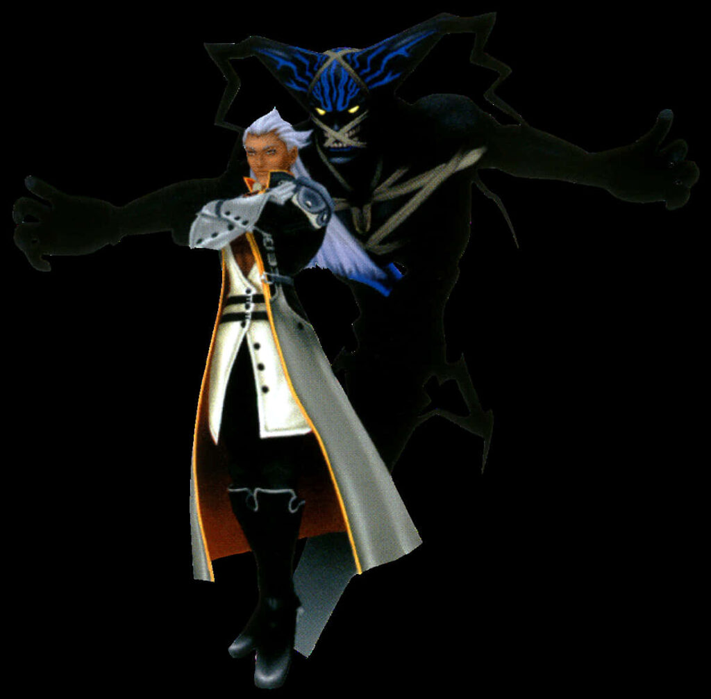 Ansem Seeker of Darkness with arms crossed and menacing shadow figure in dark action wallpaper