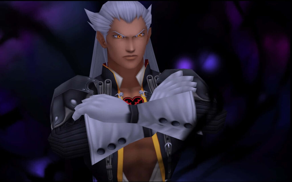 Ansem Seeker of Darkness with crossed arms and intense gaze in dark dynamic action wallpaper