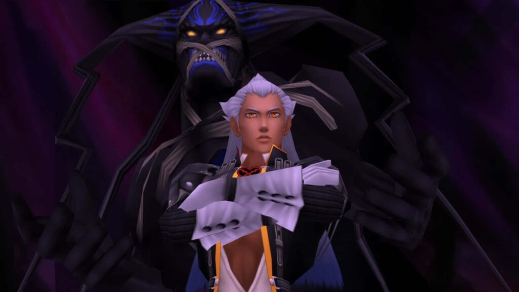 Ansem Seeker of Darkness with crossed arms and shadowy figure background wallpaper intense