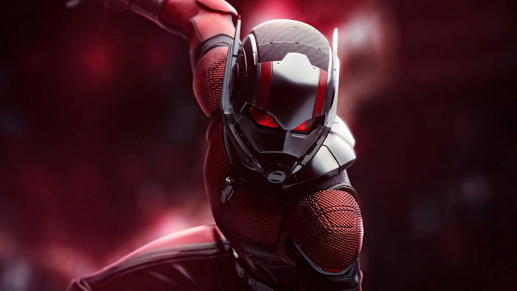 Ant Man in dynamic action pose wearing red and black suit with dramatic blurred red background