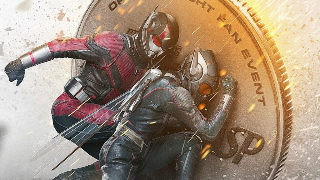 Ant Man in defensive stance near giant coin with sparks dust dynamic wallpaper background