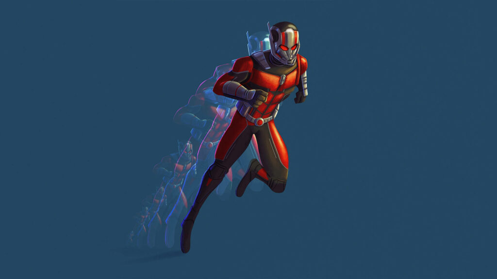 Ant Man superhero in dynamic jump wearing suit on simple blue background wallpaper design