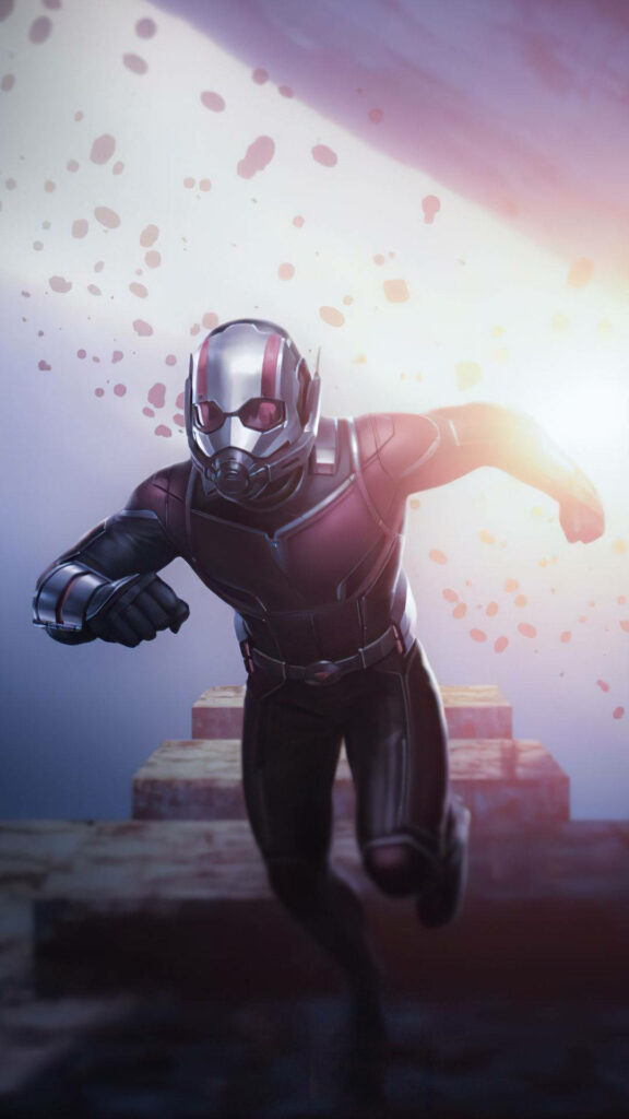 Ant Man running sideways with floating debris dramatic lighting superhero suit action wallpaper