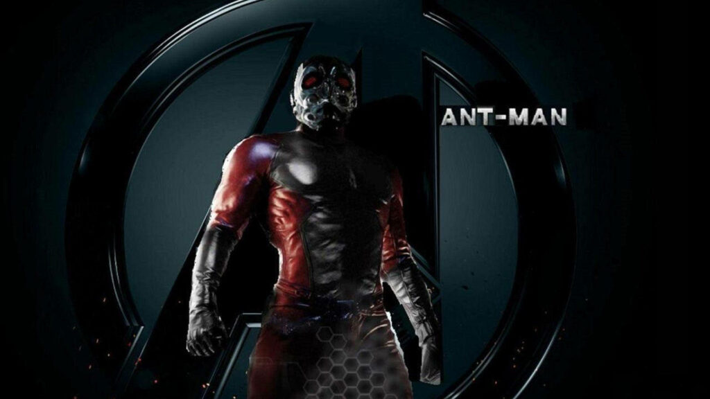 Ant Man hero pose front Avengers logo red black suit dramatic lighting wallpaper background